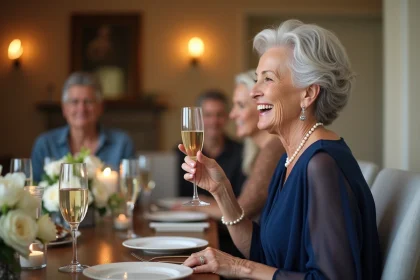 Femme de 70 ans souriante tenant une coupe de champagne lors d'un discours d'anniversaire en famille