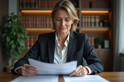 Femme d affaires en costume examine des documents officiels