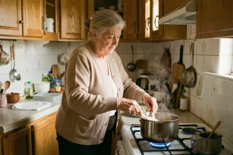 Femme âgée préparant un repas seule dans sa cuisine, illustrant l'autonomie au quotidien évaluée par le score IADL
