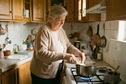 Femme âgée préparant un repas seule dans sa cuisine, illustrant l'autonomie au quotidien évaluée par le score IADL