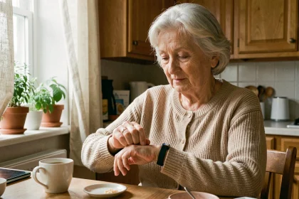 Femme âgée examinant un bracelet anti-chute discret à son poignet dans une cuisine chaleureuse