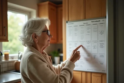 Femme âgée consultant un calendrier grande écriture accroché dans une cuisine, aide à l'orientation temporelle pour seniors