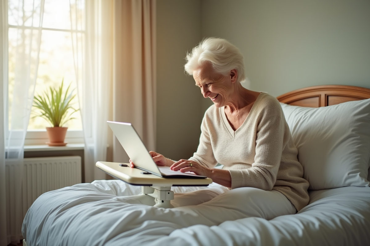 Femme agee souriante utilisant une table de lit pour lire