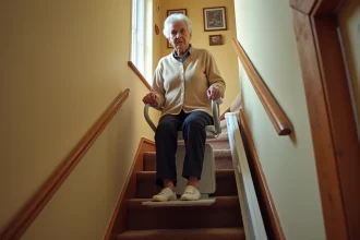 Une femme âgée assise sur un monte escalier mobile sans installation dans une maison française traditionnelle, tenant les poignées avec une expression sereine