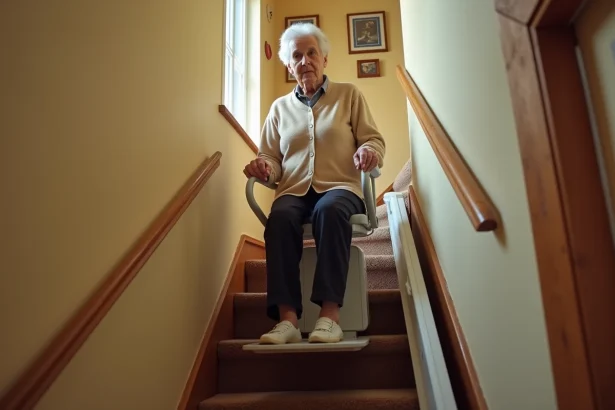 Une femme âgée assise sur un monte escalier mobile sans installation dans une maison française traditionnelle, tenant les poignées avec une expression sereine