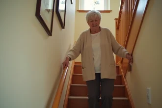 Femme âgée utilisant une rampe d'escalier autonome sans installation dans une maison familiale