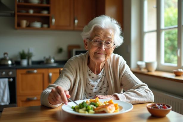 Femme agee servissant un repas sain dans une cuisine lumineuse