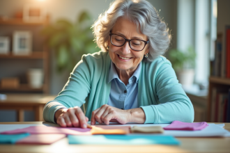 Femme agee choisissant des tissus colorés au soleil