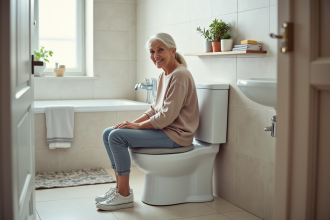Femme agee assise sur un WC surélevé dans une salle de bain moderne