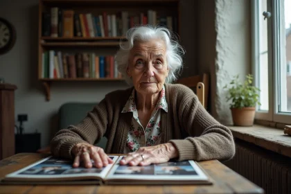 Femme &acirc;g&eacute;e de 120 ans regardant un album photo