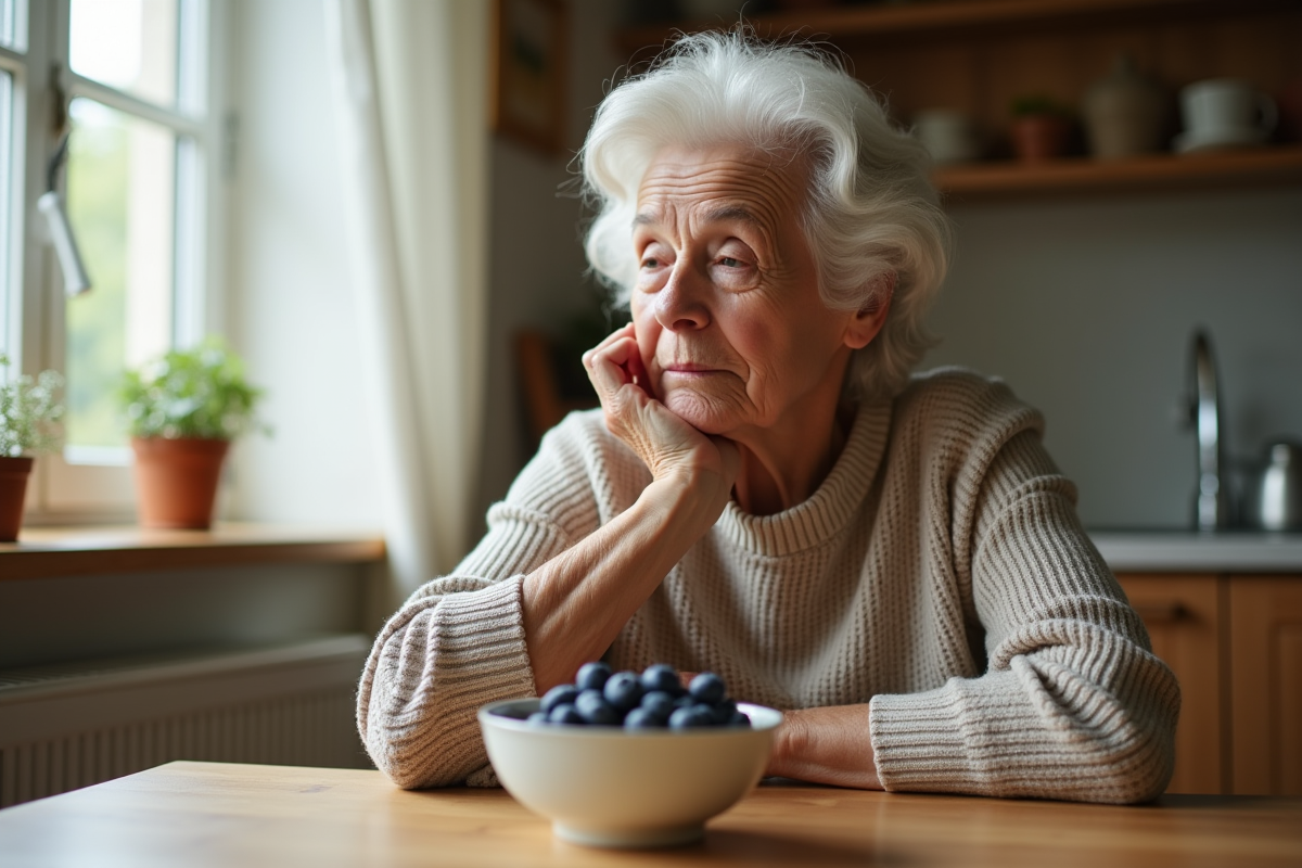 Femme âgée contemplant un bol de myrtilles dans la cuisine
