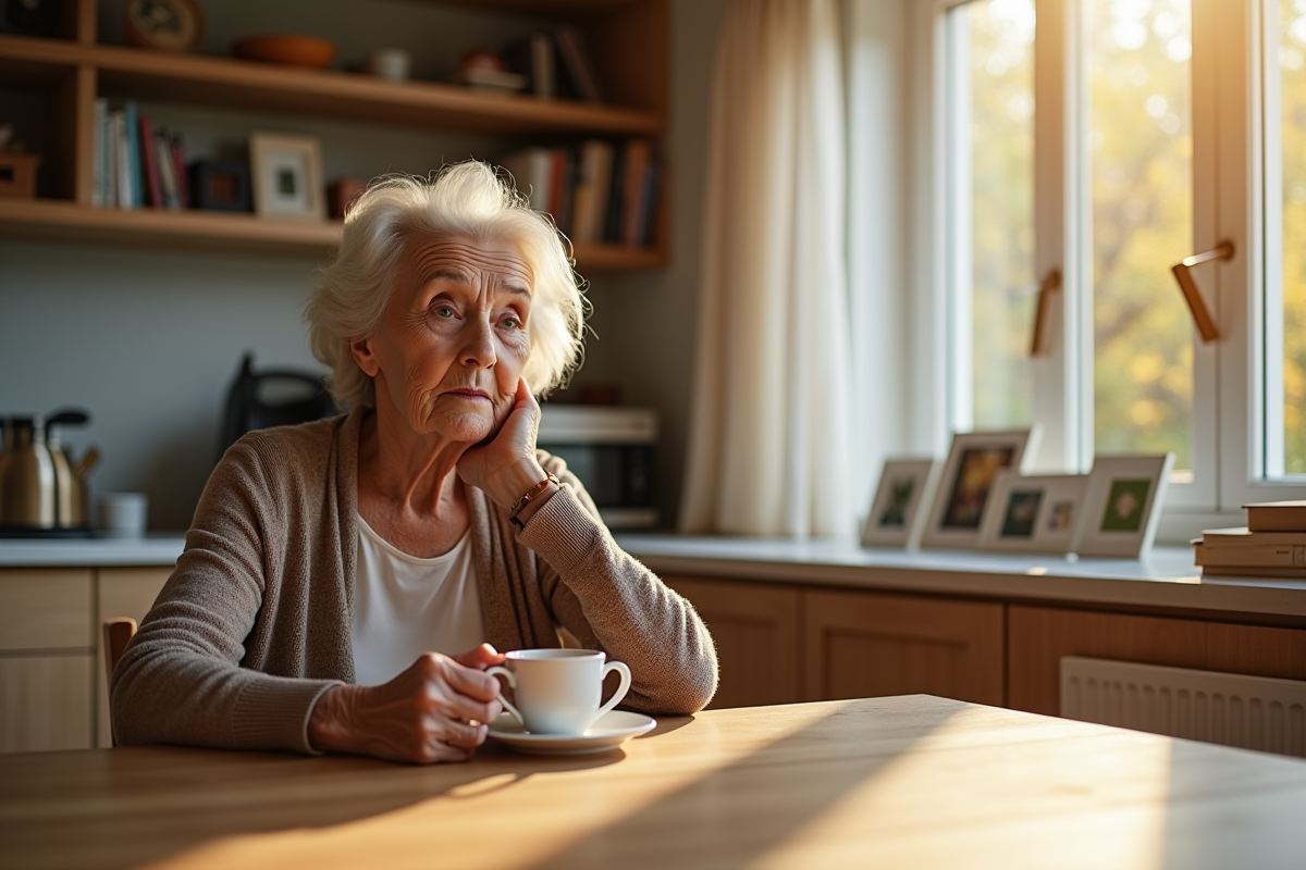 Femme âgée assise seule à la cuisine pensant avec tasse de thé