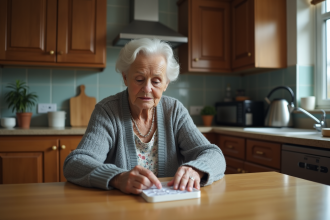 Femme âgée examinant un organisateur de médicaments à la cuisine