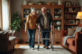 Femme aidant son père âgé dans un salon chaleureux