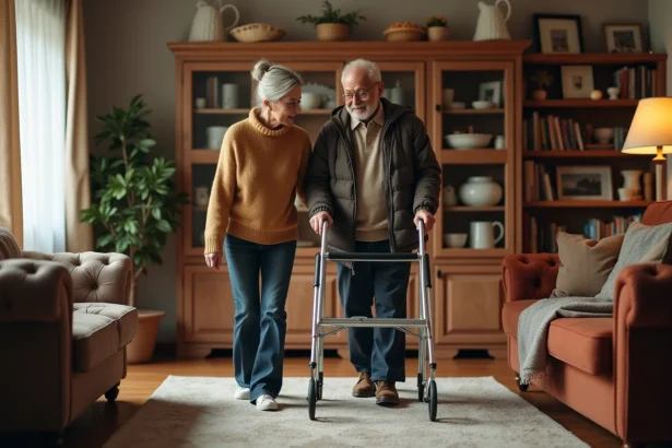 Femme aidant son père âgé dans un salon chaleureux