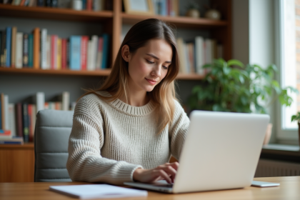 Femme assise à un bureau lisant un email dans un bureau lumineux