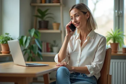 Femme au bureau parlant au smartphone dans un espace moderne