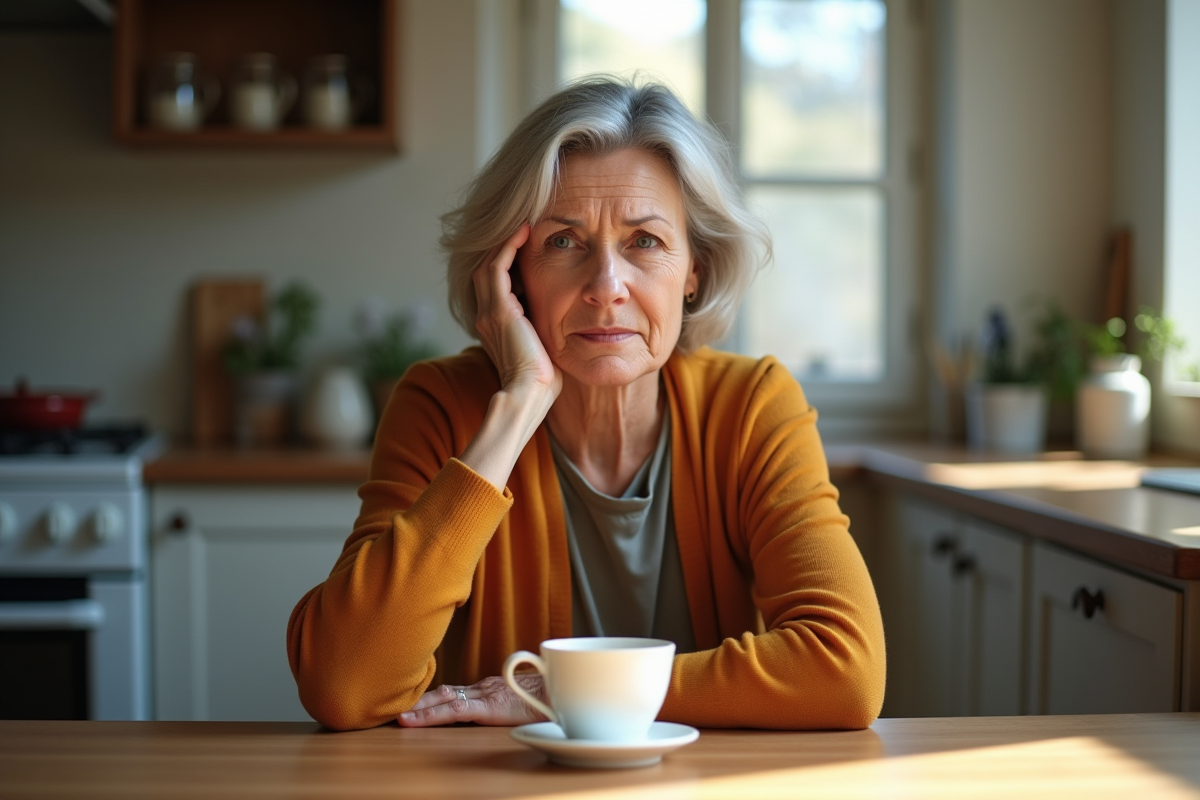 Femme d'âge moyen buvant un café à la lumière du matin
