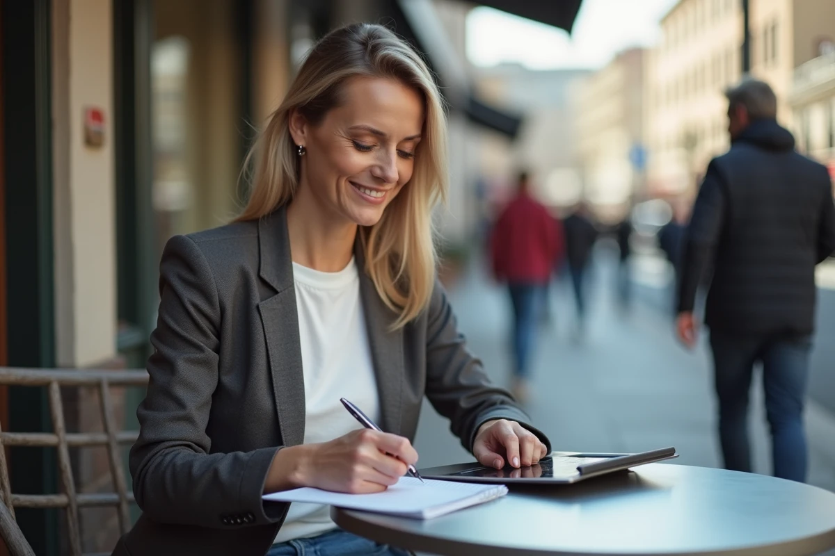 Femme en extérieur dans un café en ville