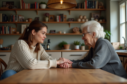 Femme âgée tenant la main de sa mère dans une cuisine chaleureuse