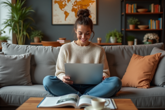 Femme regardant un documentaire dans un salon chaleureux