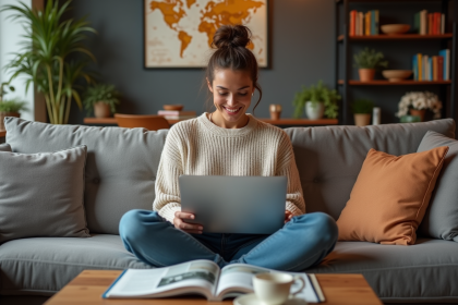Femme regardant un documentaire dans un salon chaleureux