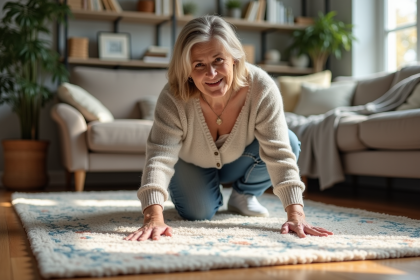 Femme en jeans et pull doux ajuste un tapis antidérapant dans le salon