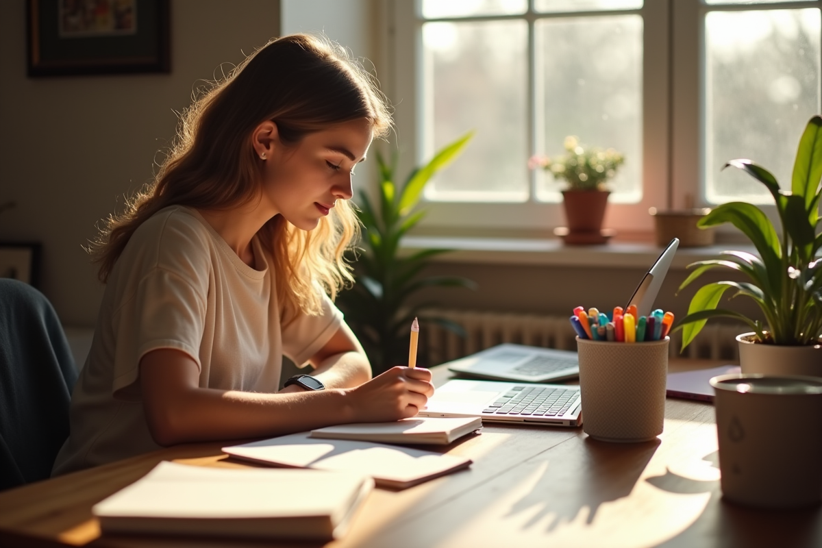 Jeune femme concentrée à écrire à son bureau ensoleille
