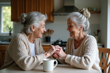 Femme âgée avec sa fille dans la cuisine chaleureuse