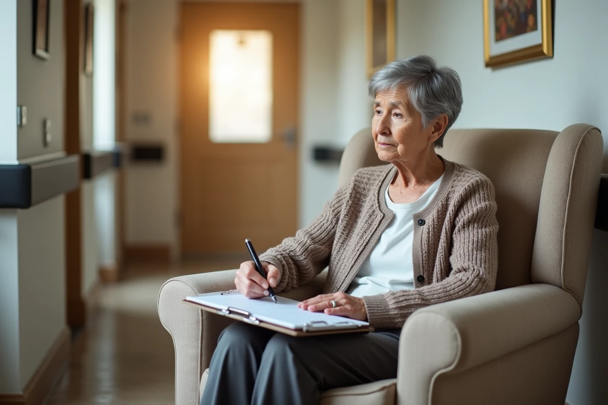 Femme &acirc;g&eacute;e remplissant un formulaire d