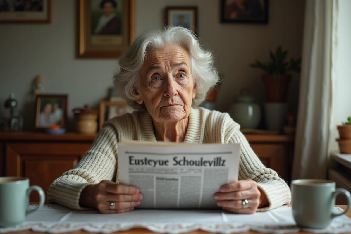 Femme âgée tenant un journal dans une cuisine chaleureuse