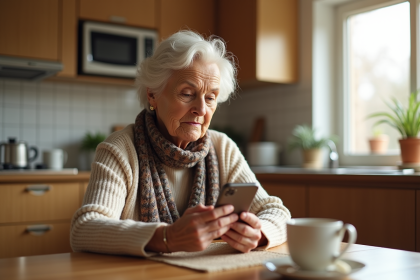 Femme âgée utilisant un smartphone dans la cuisine lumineuse