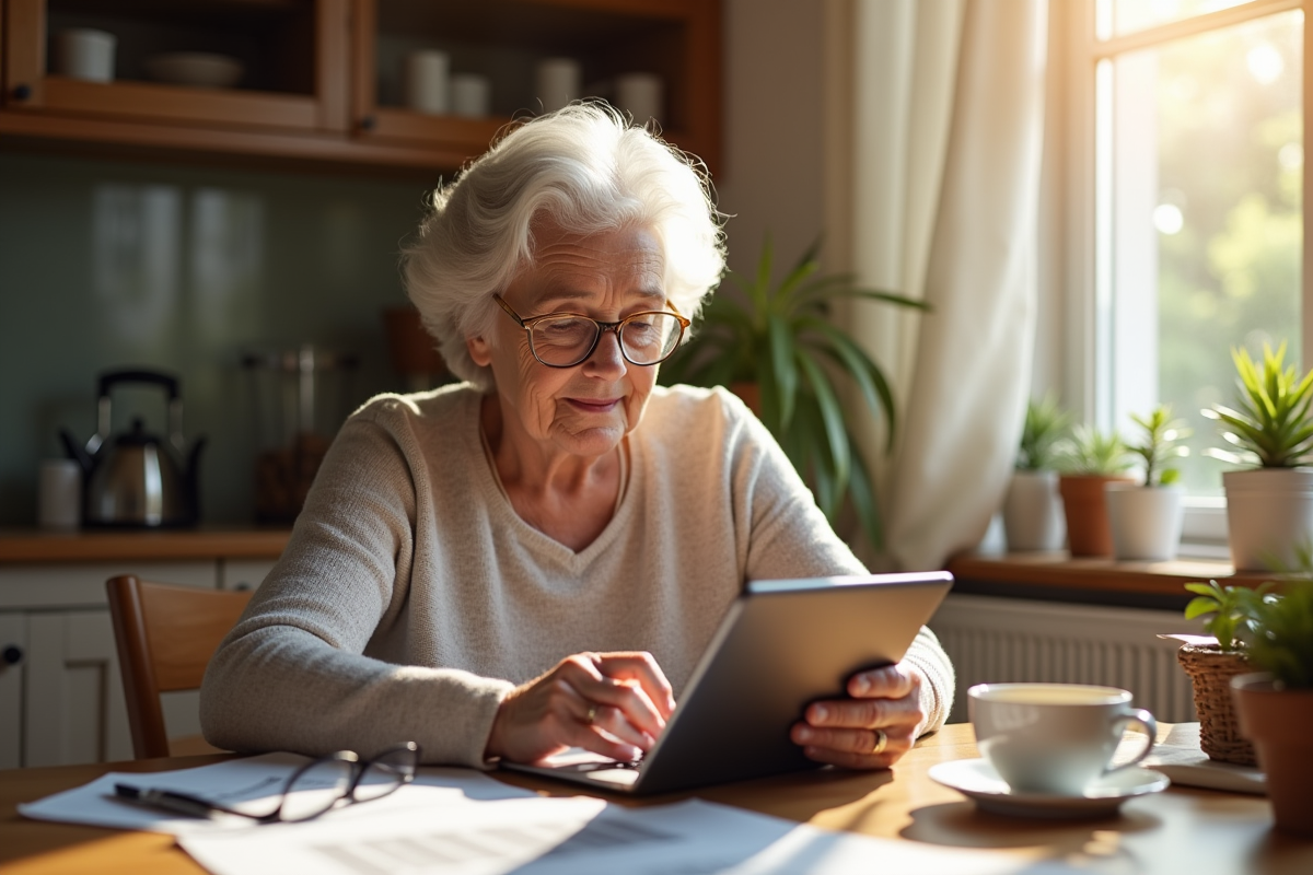 Femme âgée utilisant une tablette dans sa cuisine ensoleillée