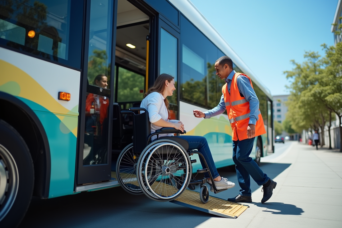 Jeune femme en fauteuil roulant dans un bus moderne avec rampe