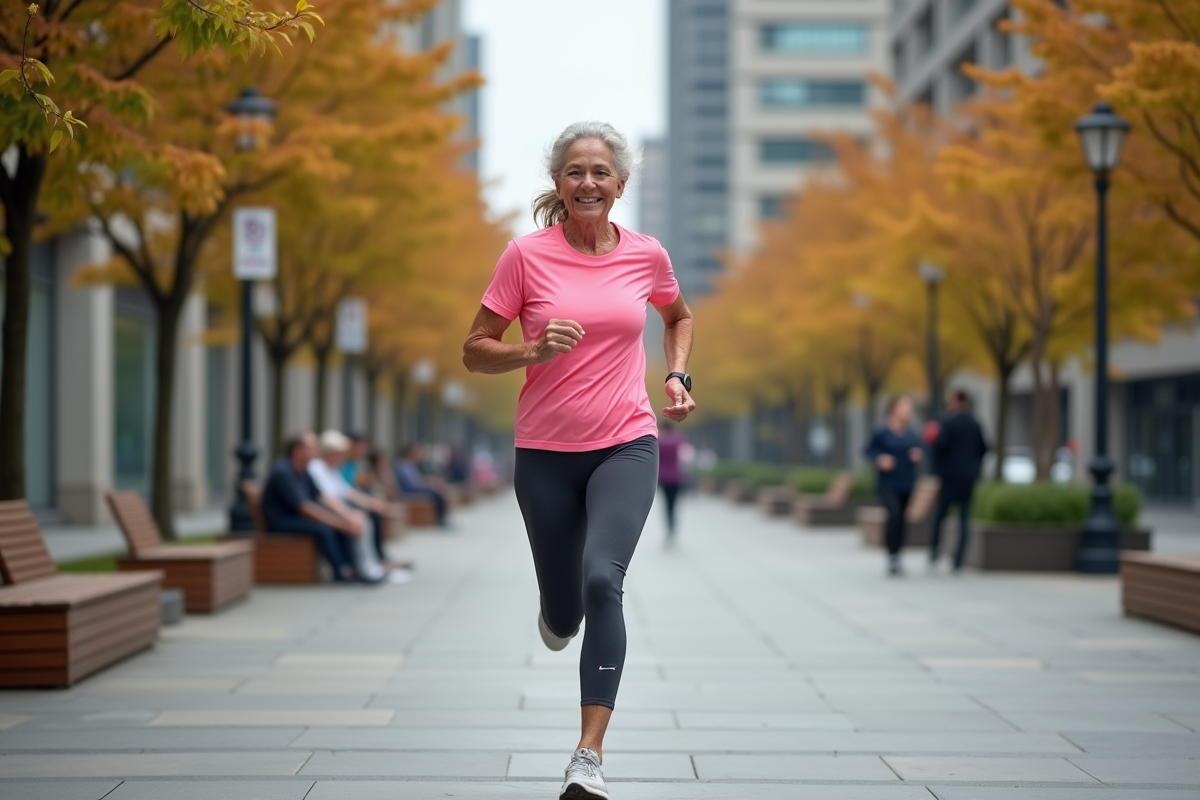 Femme de 75 ans souriante après sa course en ville