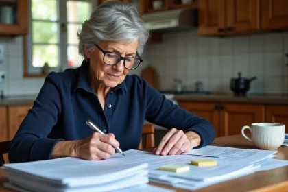 Femme retraitée en train de remplir un formulaire de retraite à la table de cuisine, entourée de papiers administratifs