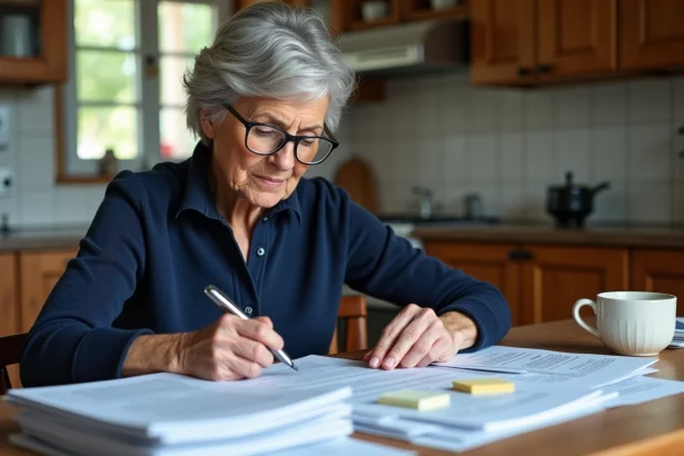 Femme retraitée en train de remplir un formulaire de retraite à la table de cuisine, entourée de papiers administratifs