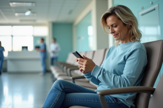 Femme d'âge moyen vérifiant son glucose dans une salle d'attente