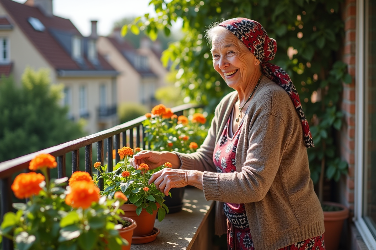 Femme âgée arrosant ses géraniums sur un balcon ensoleille