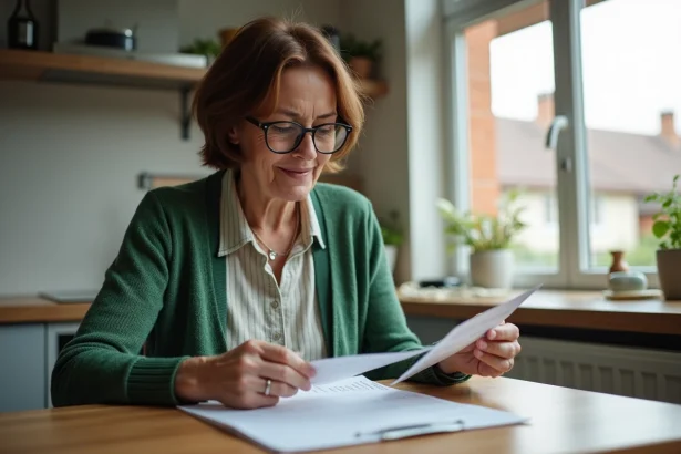 Femme d'âge moyen lisant un calendrier de retraite à la maison
