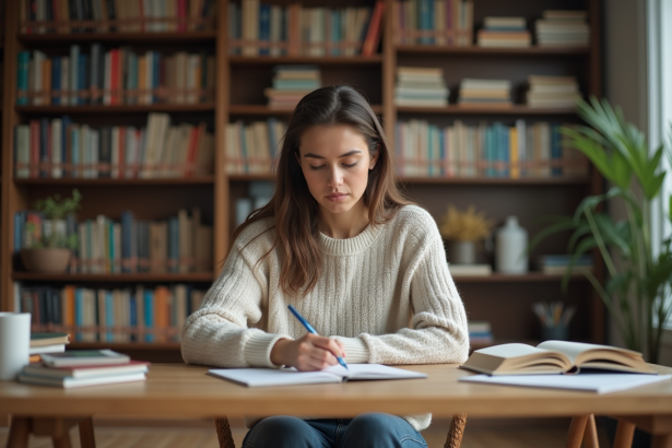 Femme lisant et prenant des notes dans un bureau organisé