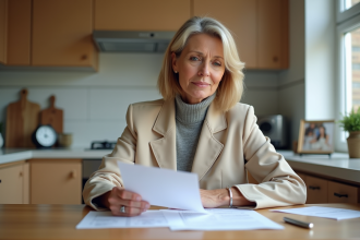 Femme d'âge moyen lisant des papiers dans la cuisine