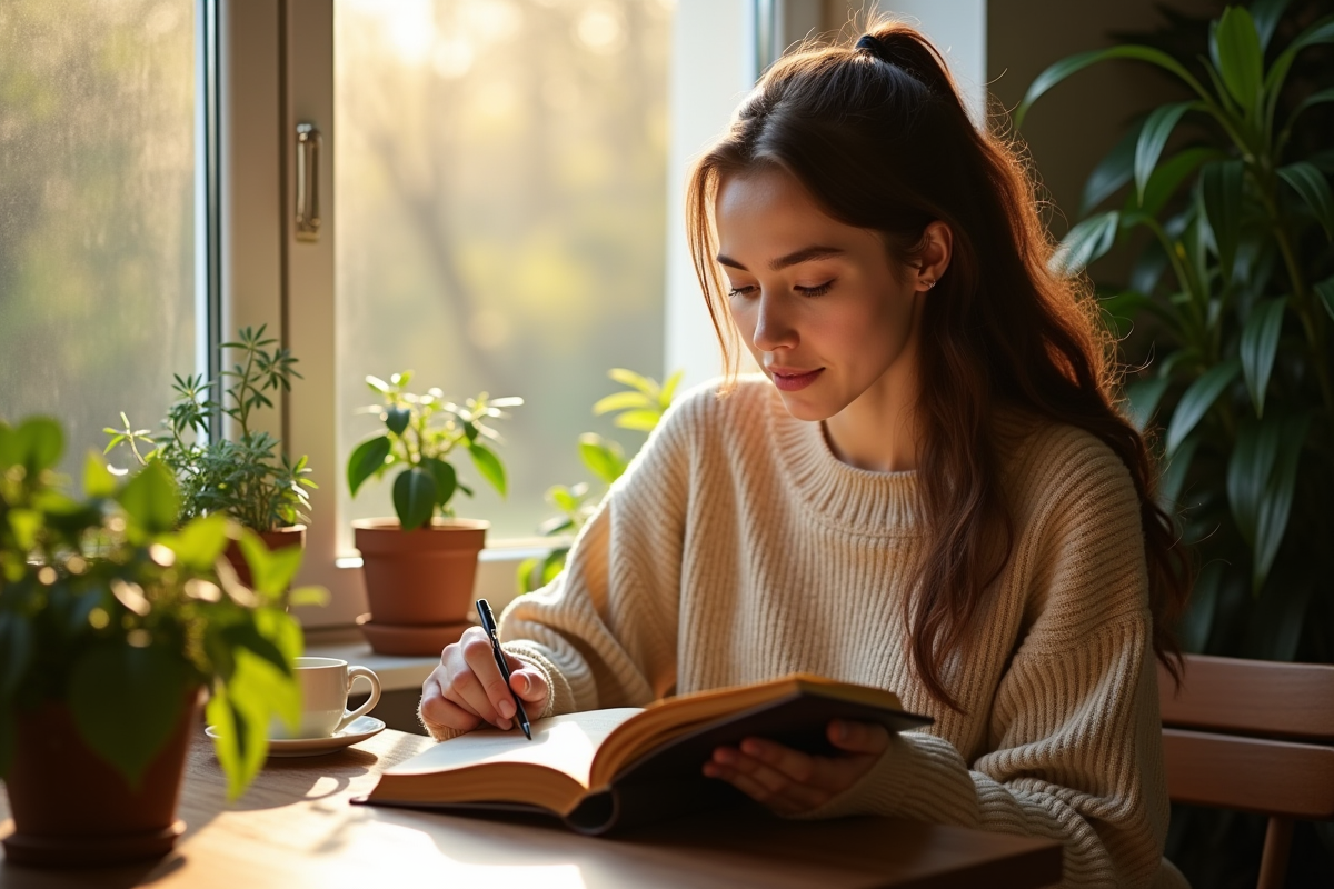 Jeune femme lisant un livre près d'une fenêtre ensoleillée
