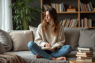 Femme assise sur un canapé avec livres et carnet dans un salon chaleureux