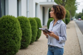 Femme observant une maison moderne en banlieue