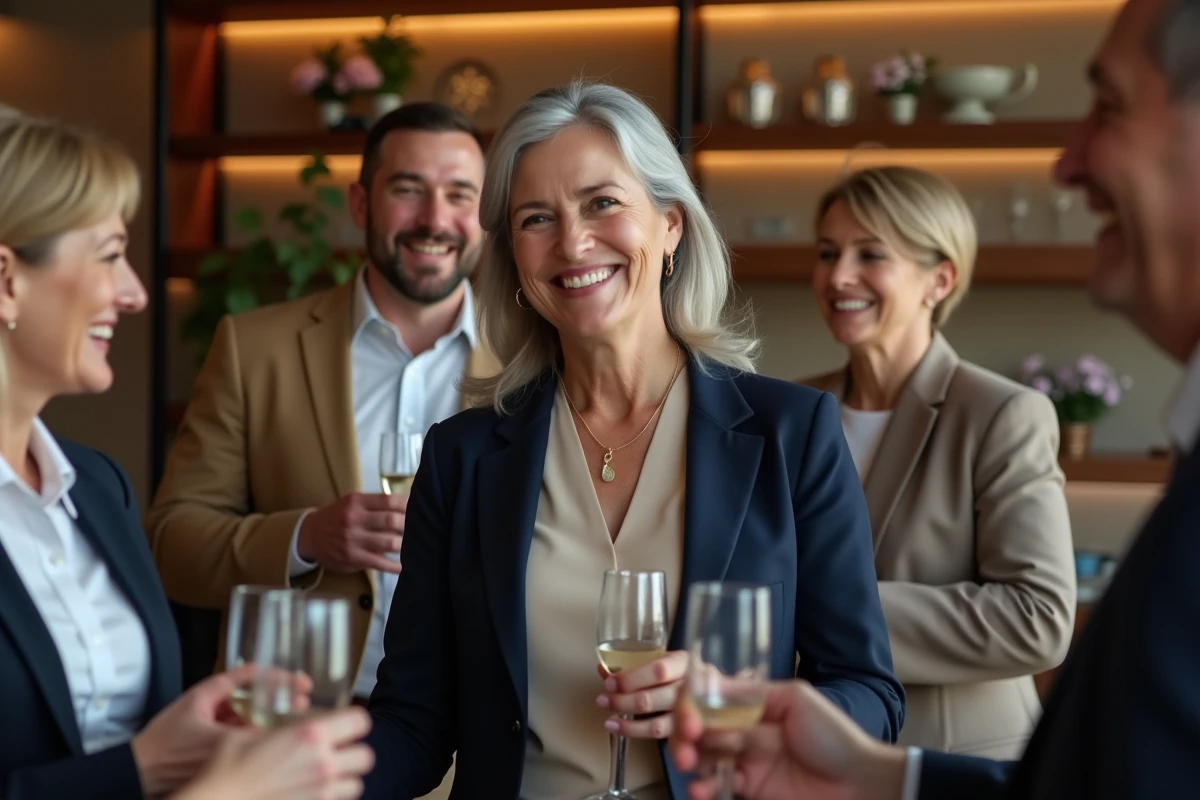 Femme manager célébrée par son équipe lors d'un pot de départ à la retraite dans un espace convivial de bureau