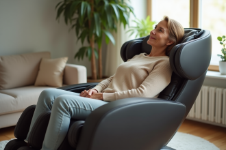 Femme d'âge moyen relaxée dans un fauteuil de massage moderne