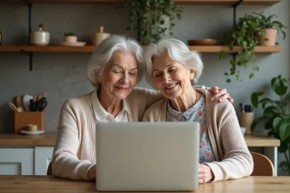 Femme et m&egrave;re souriantes devant un ordinateur dans la cuisine