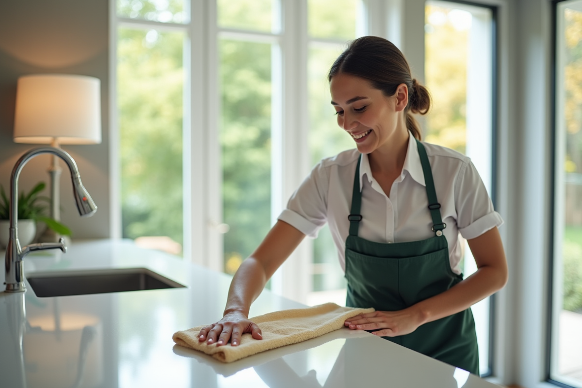 Professionnelle nettoyant une cuisine lumineuse et moderne