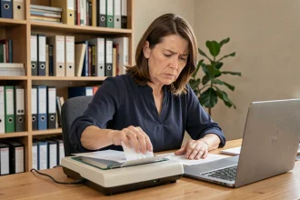 Femme en télétravail qui numérise des documents administratifs pour les envoyer à Agirc Arrco depuis son bureau à domicile